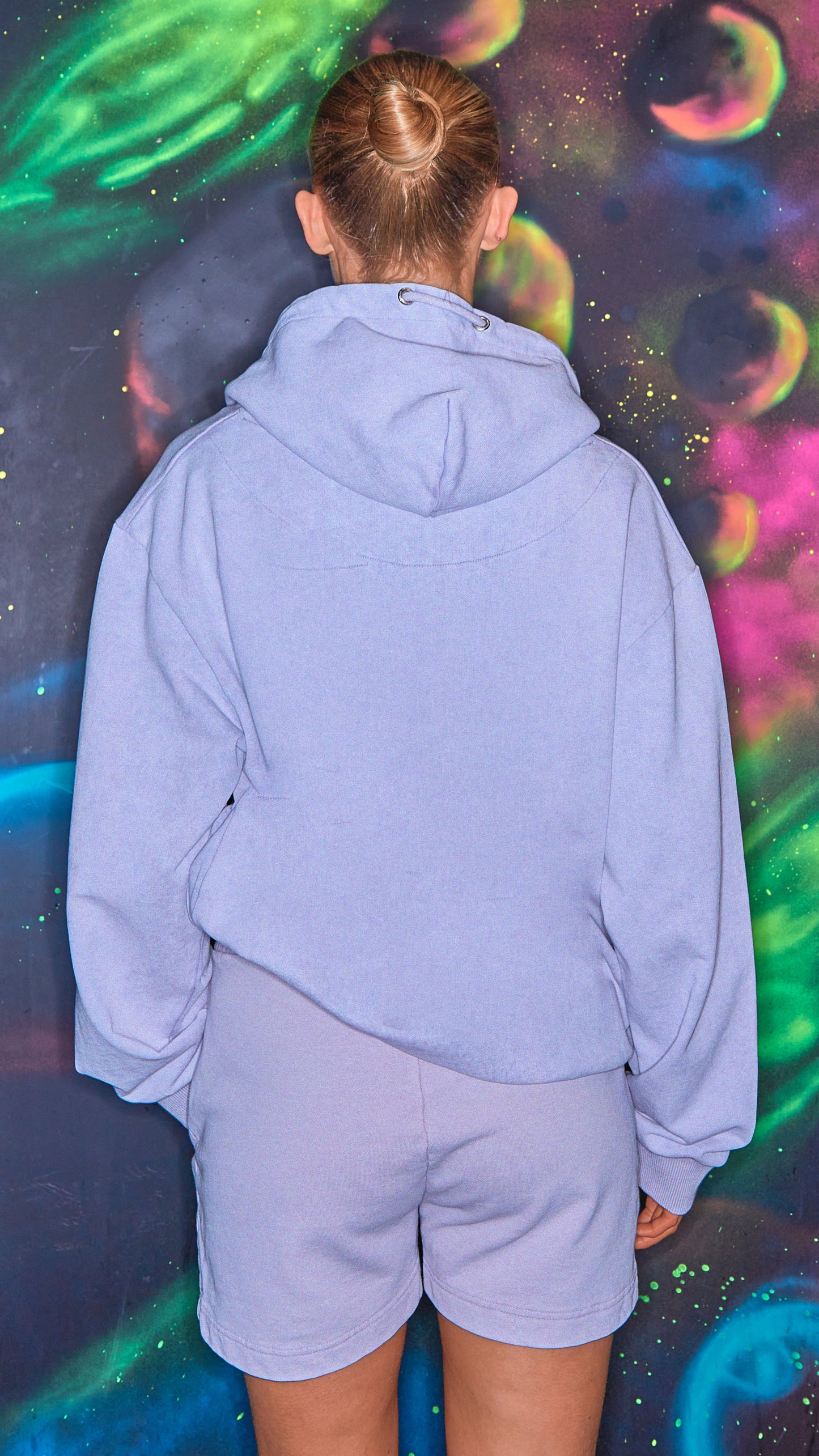 back view of womens luxury hoodie and shorts in the shade lilac