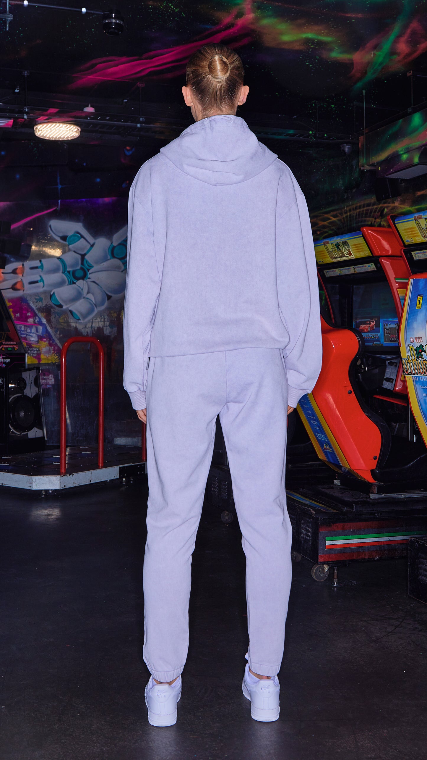 full back view of luxury womens tracksuit in lilac