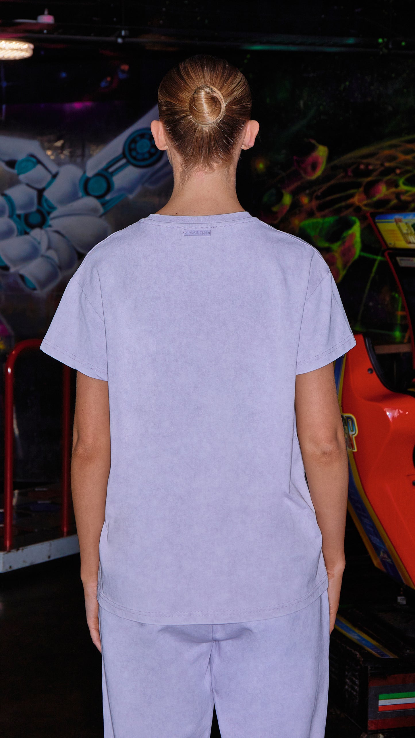 back view of model wearing lilac organic womens t-shirt