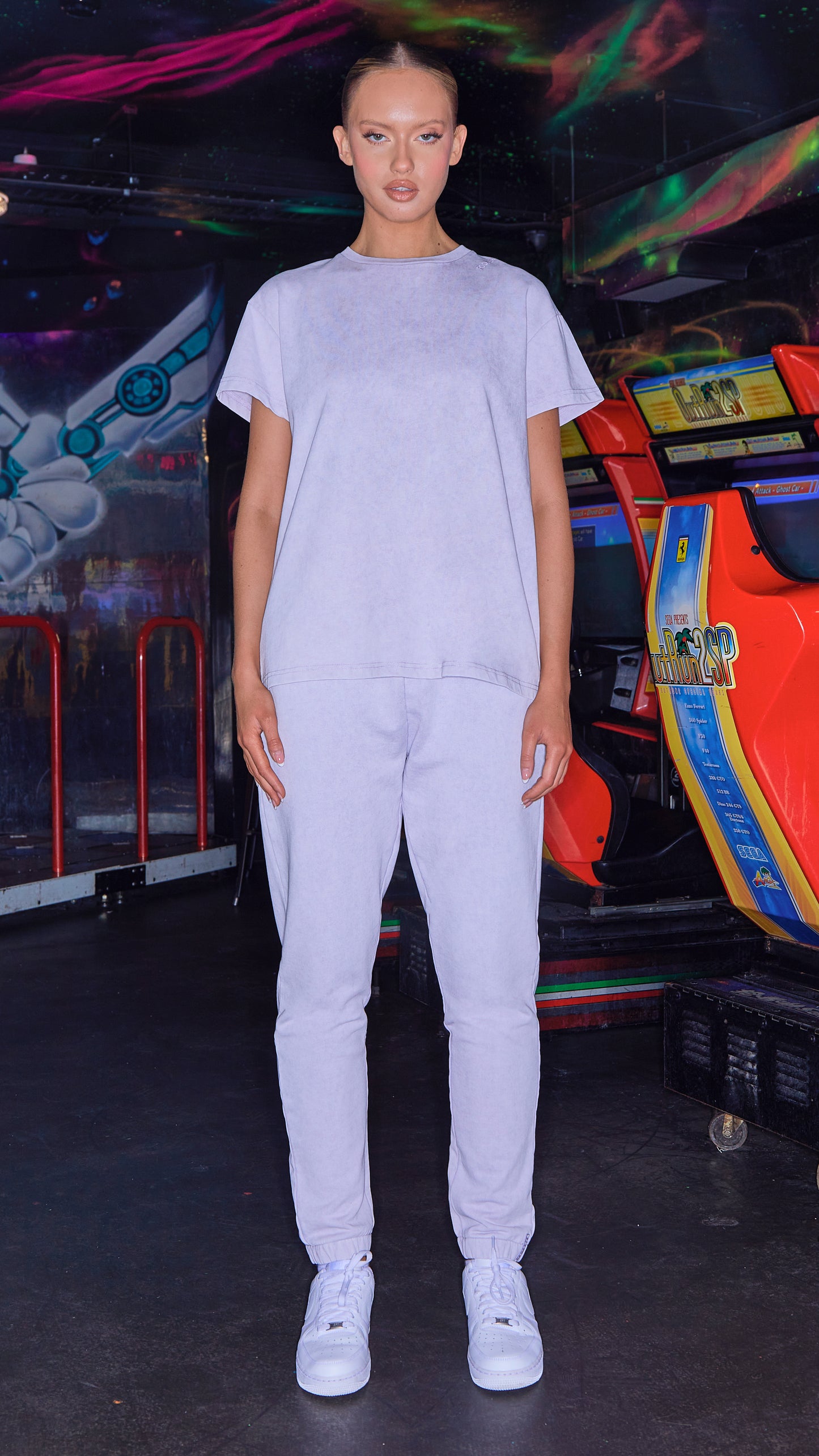 front view of womens luxury t-shirt and joggers in lilac