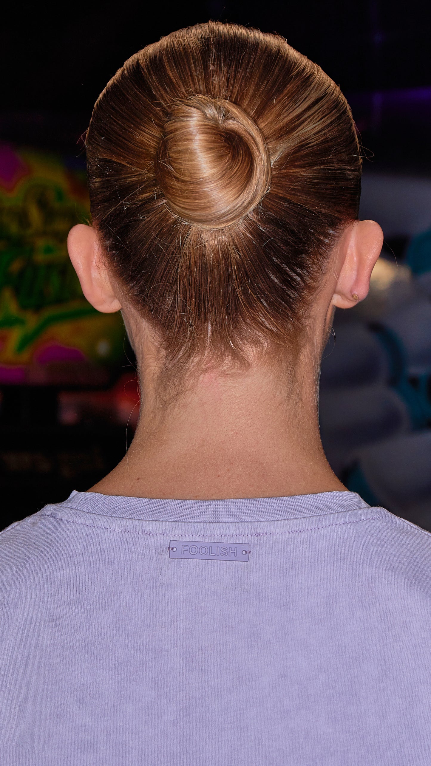 image of branded back detailing on womens organic t-shirt in lilac
