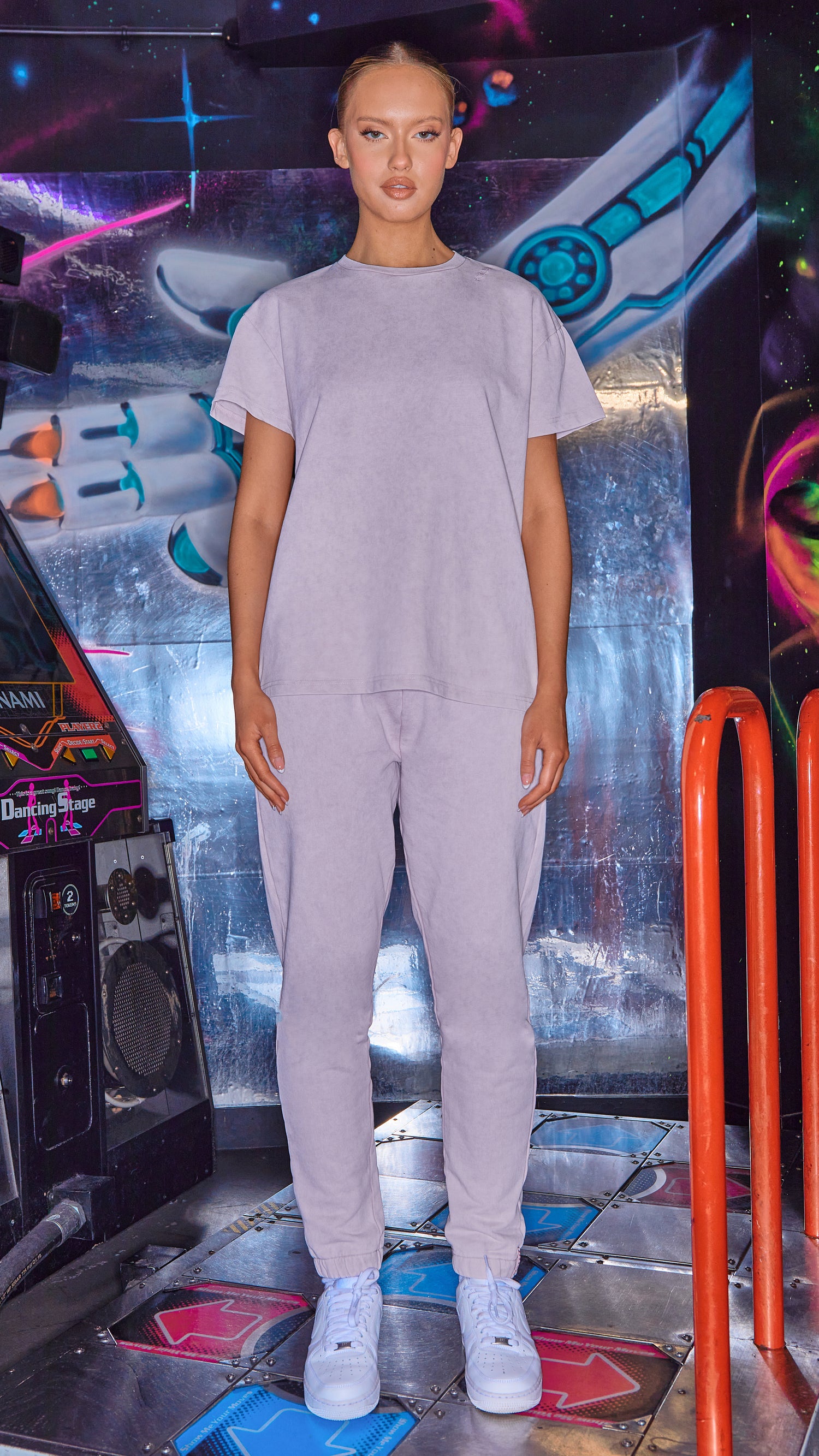 full front view of womens luxury t-shirt and joggers in lilac