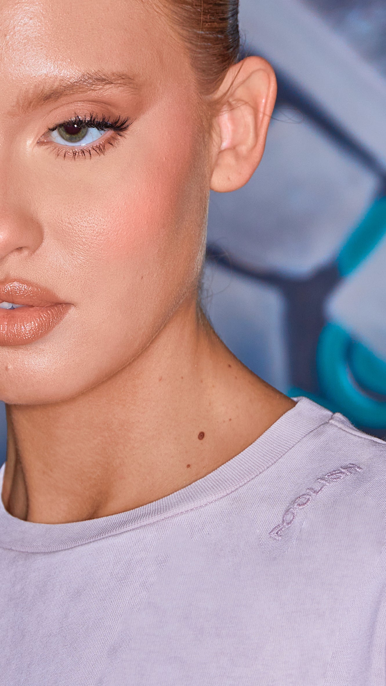 close up of shoulder detailing on womens rustic t-shirt