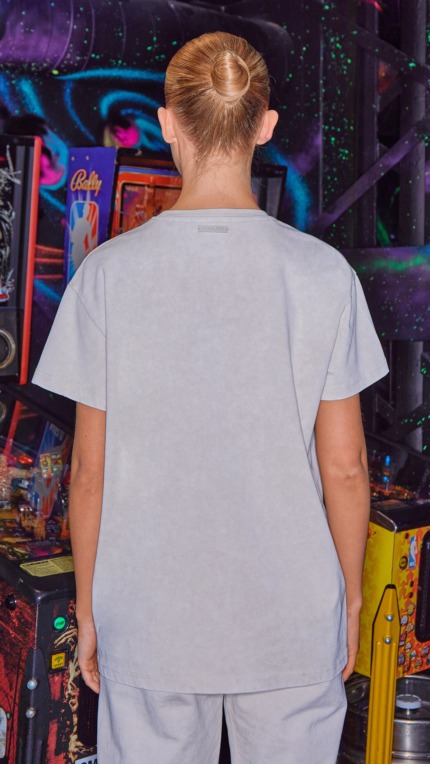 back view of organic womens t-shirt in stone