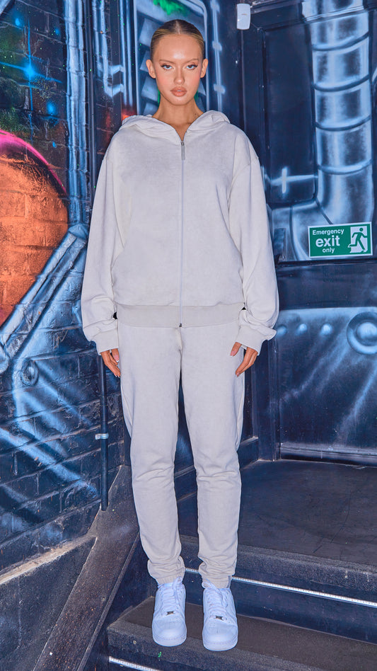 full length shot of model wearing womens luxury hoodie and joggers in stone