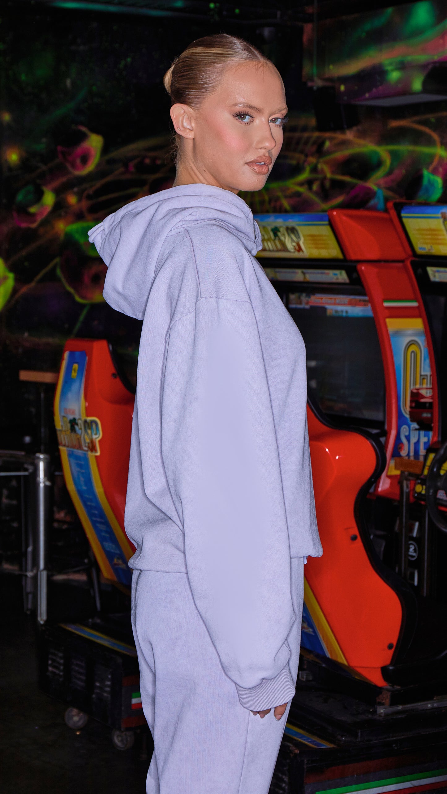 side view of womens luxury hoodie in lilac