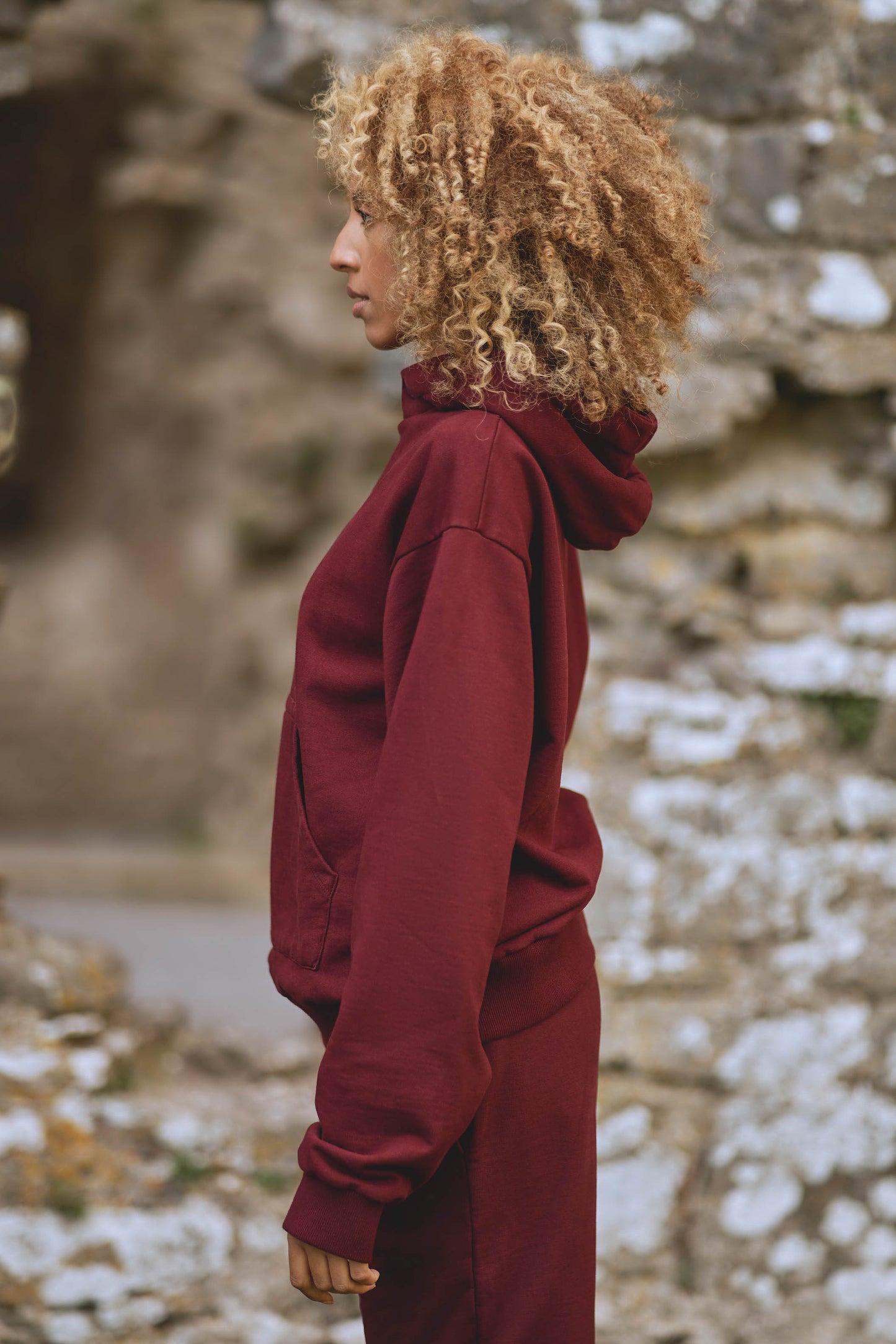 side view of core oversized womens burgundy hoodie 