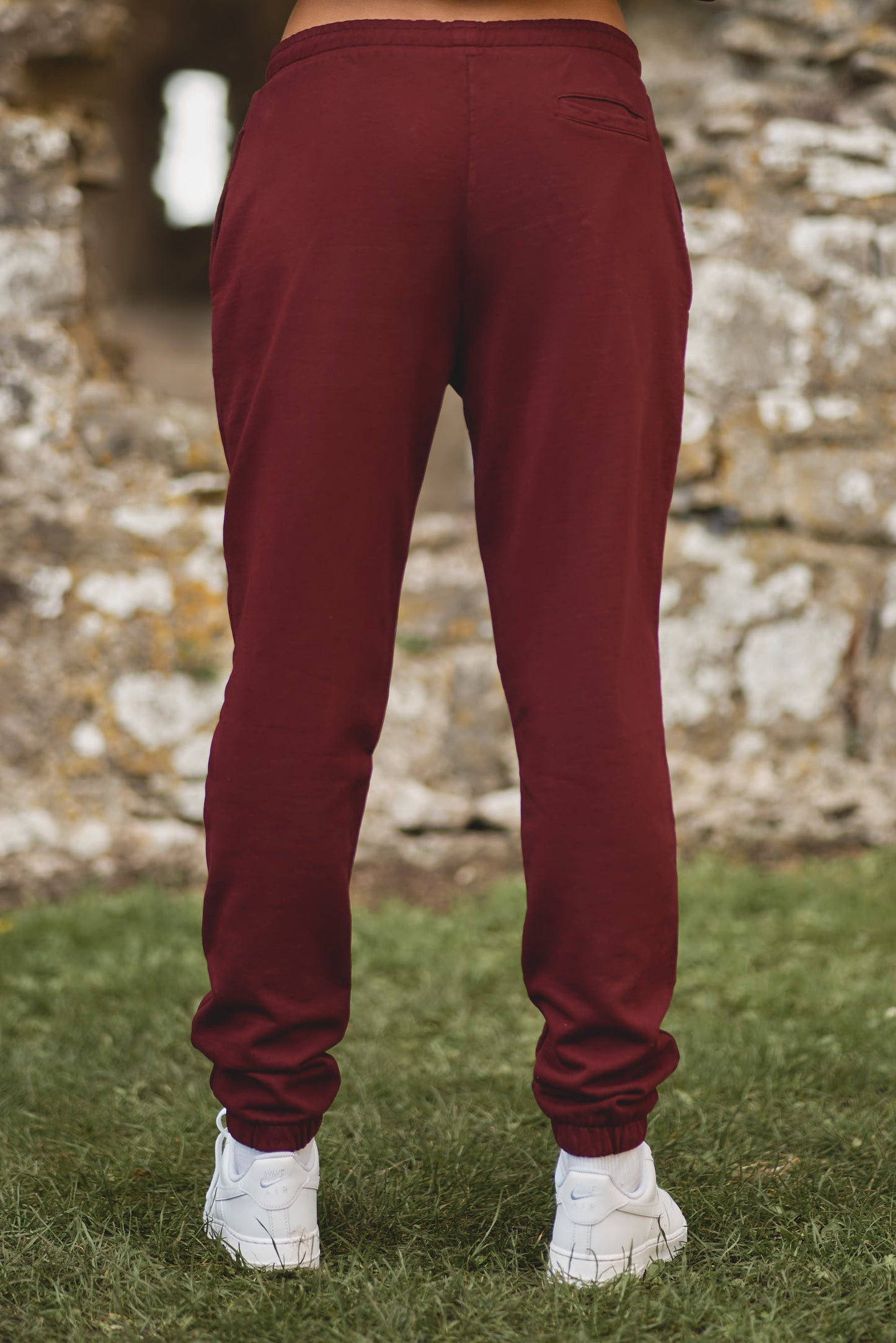 back view of core joggers in burgundy