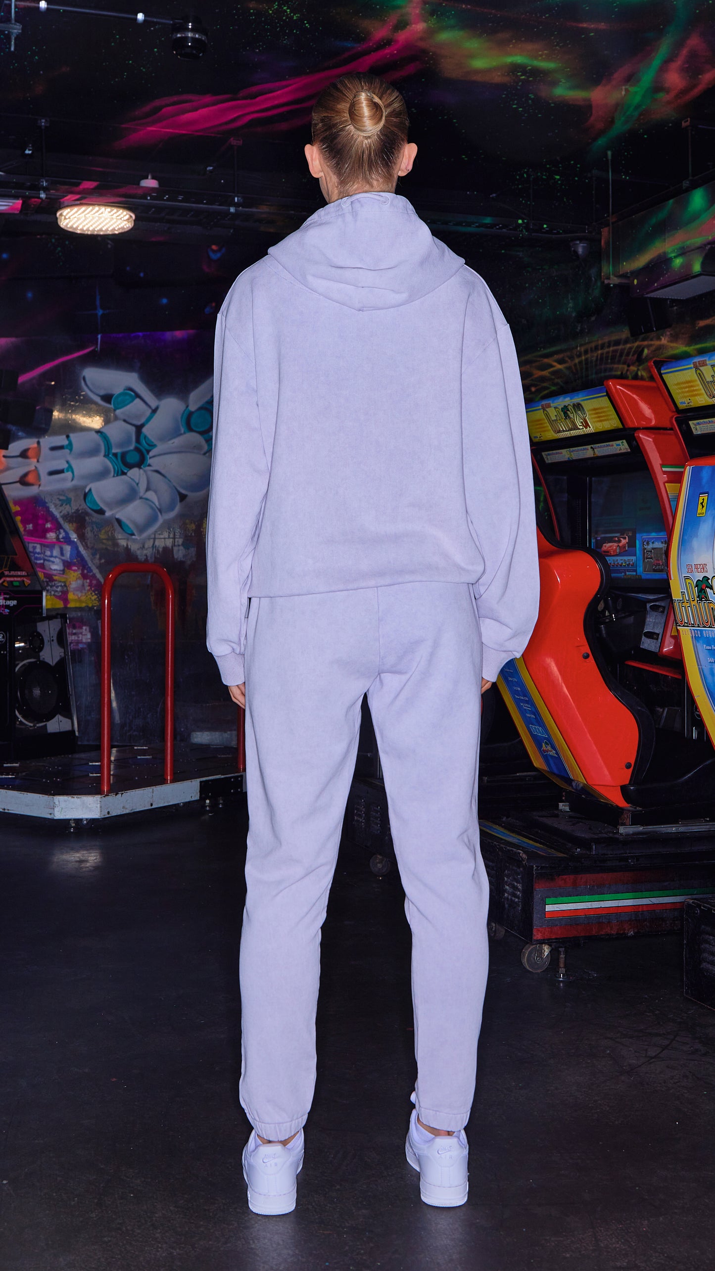 full view of womens luxury hoodie and joggers in lilac