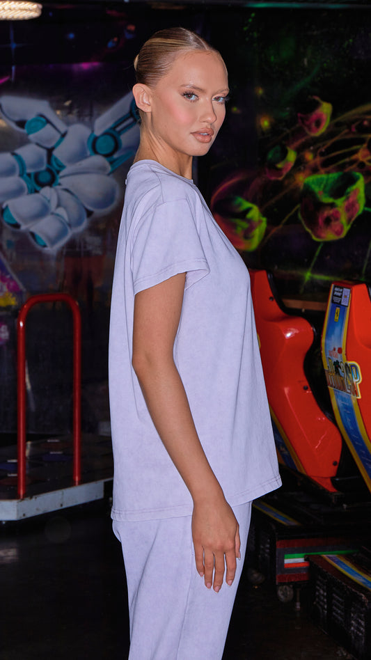 side view of womens luxury t-shirt in lilac