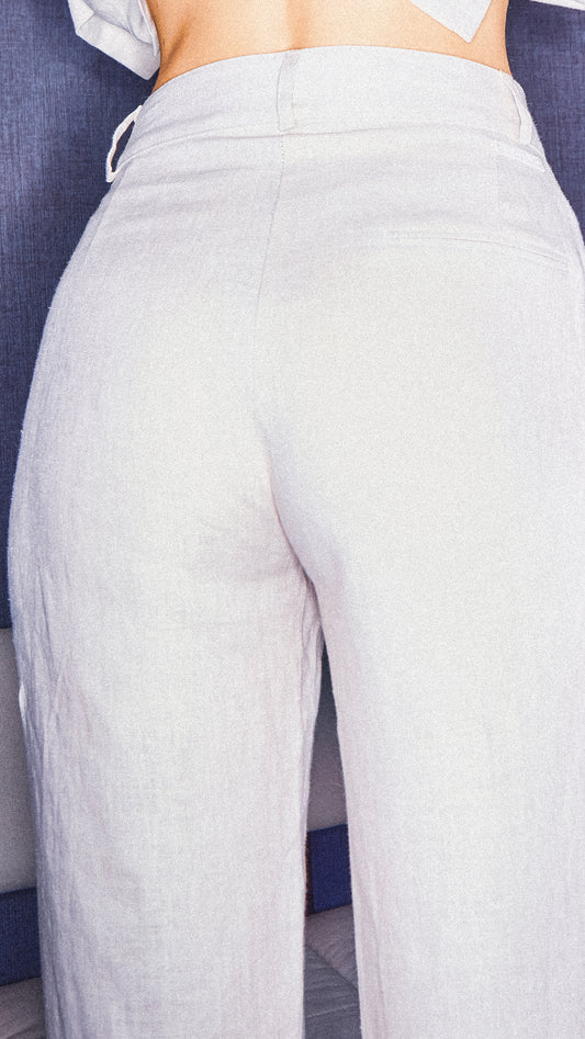 back view of model wearing womens stone tailored pants