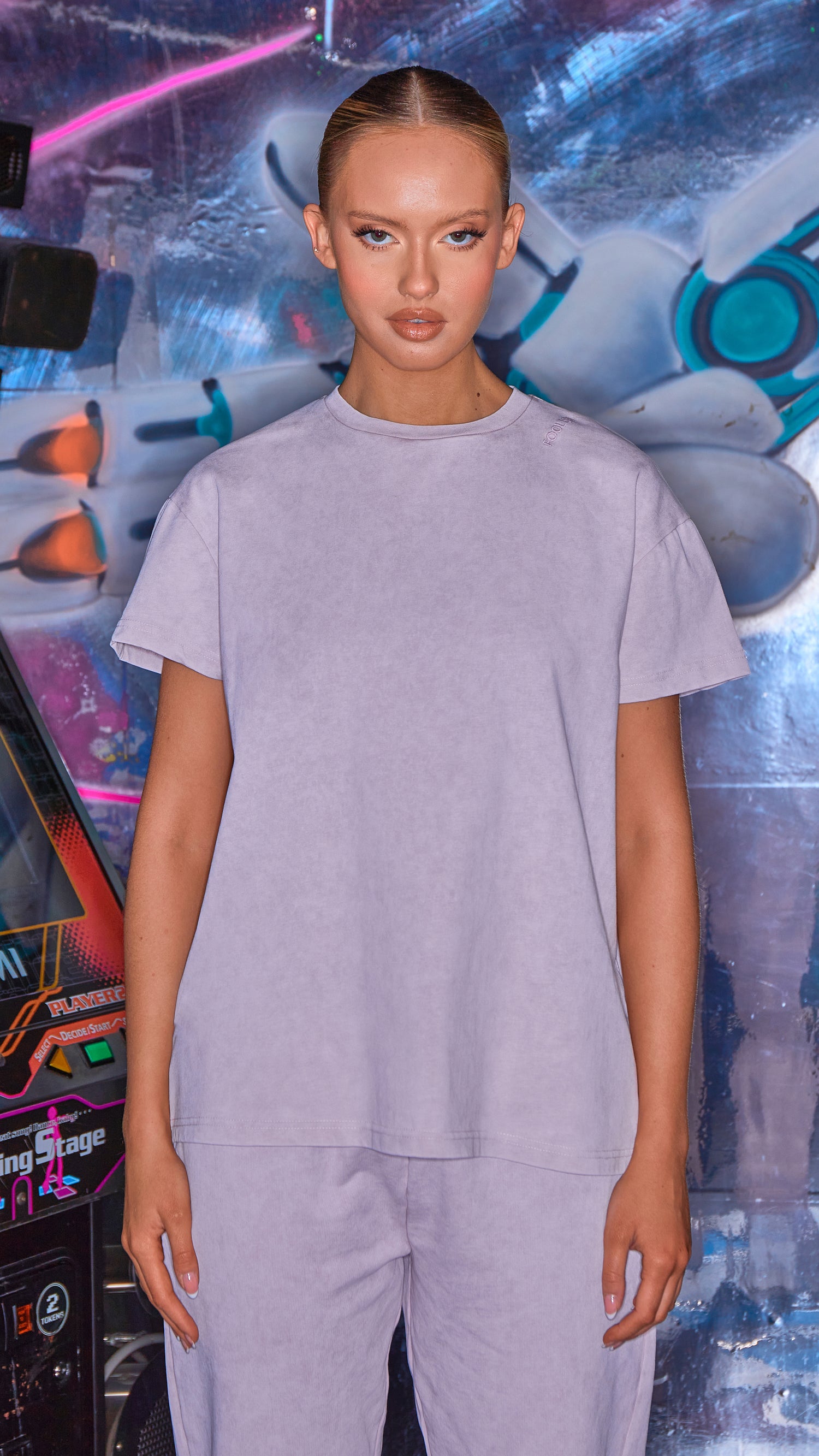 model wearing luxury womens t-shirt in lilac