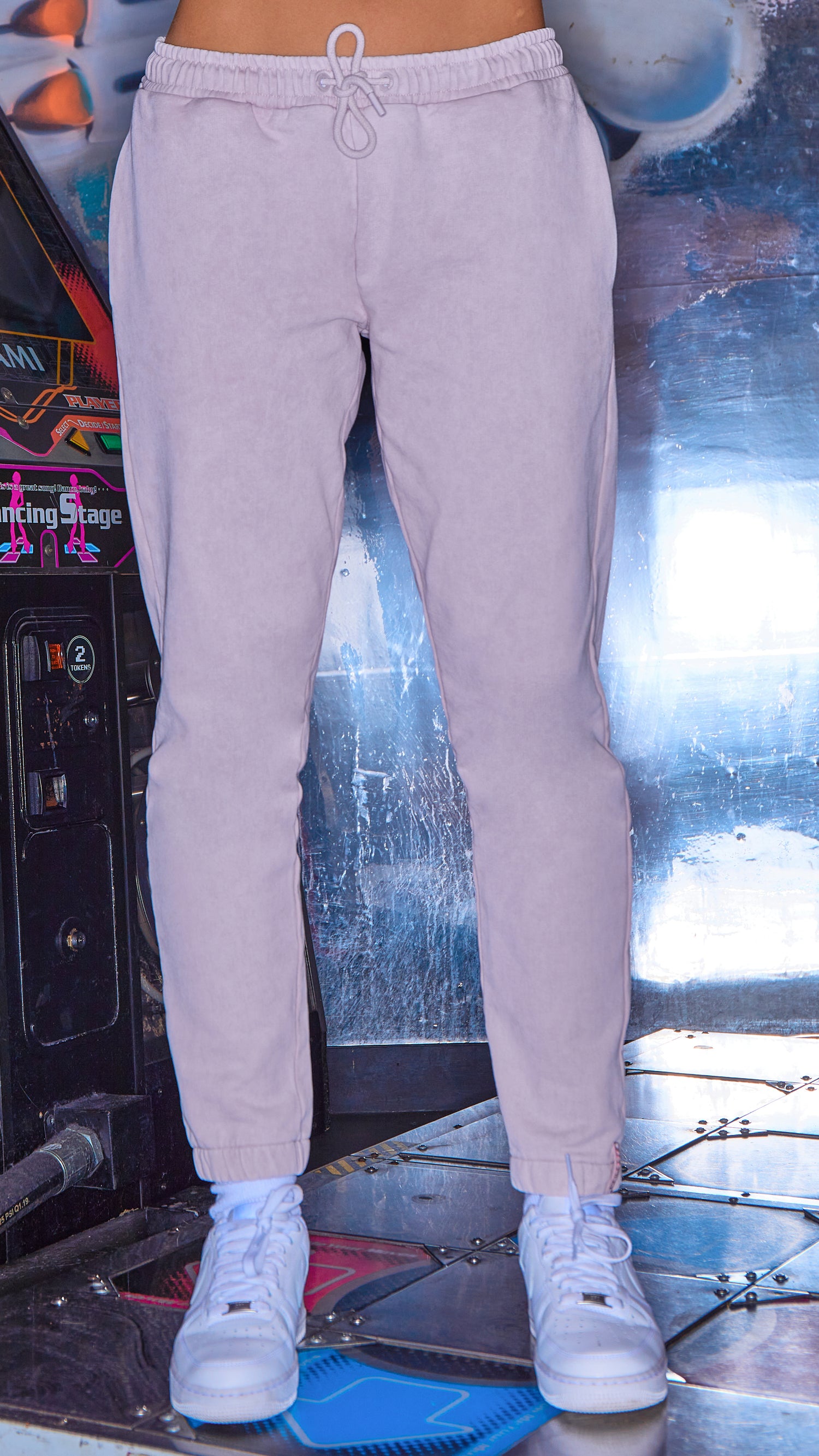 front view of womens luxury joggers in lilac