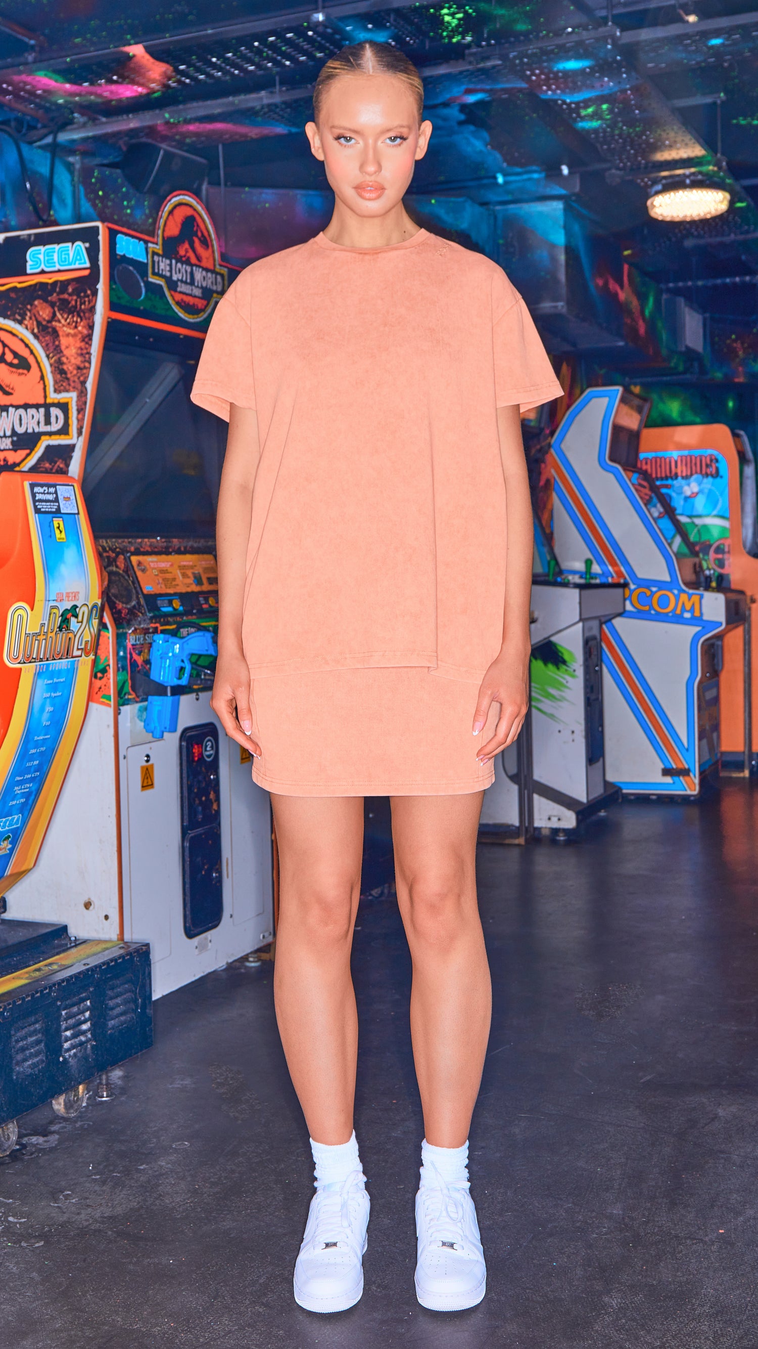 front view of womens organic t-shirt and skirt in orange