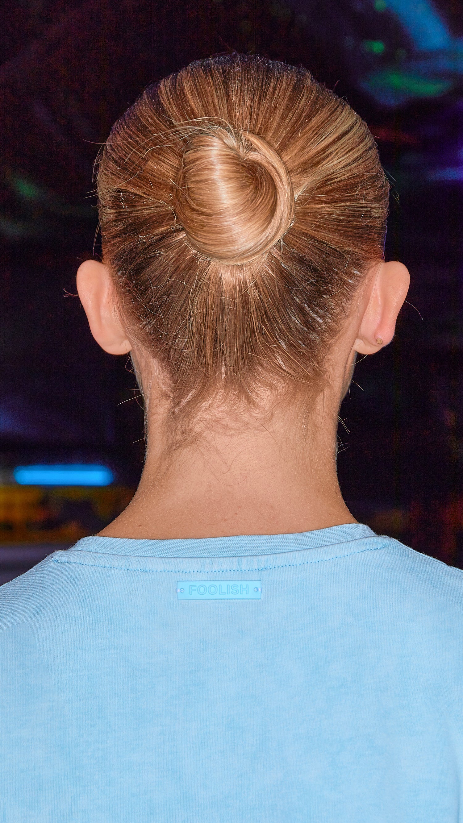 back branded detailing on rustic organic t-shirt in chalk blue