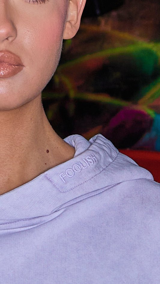 detail on womens hoodie in lilac
