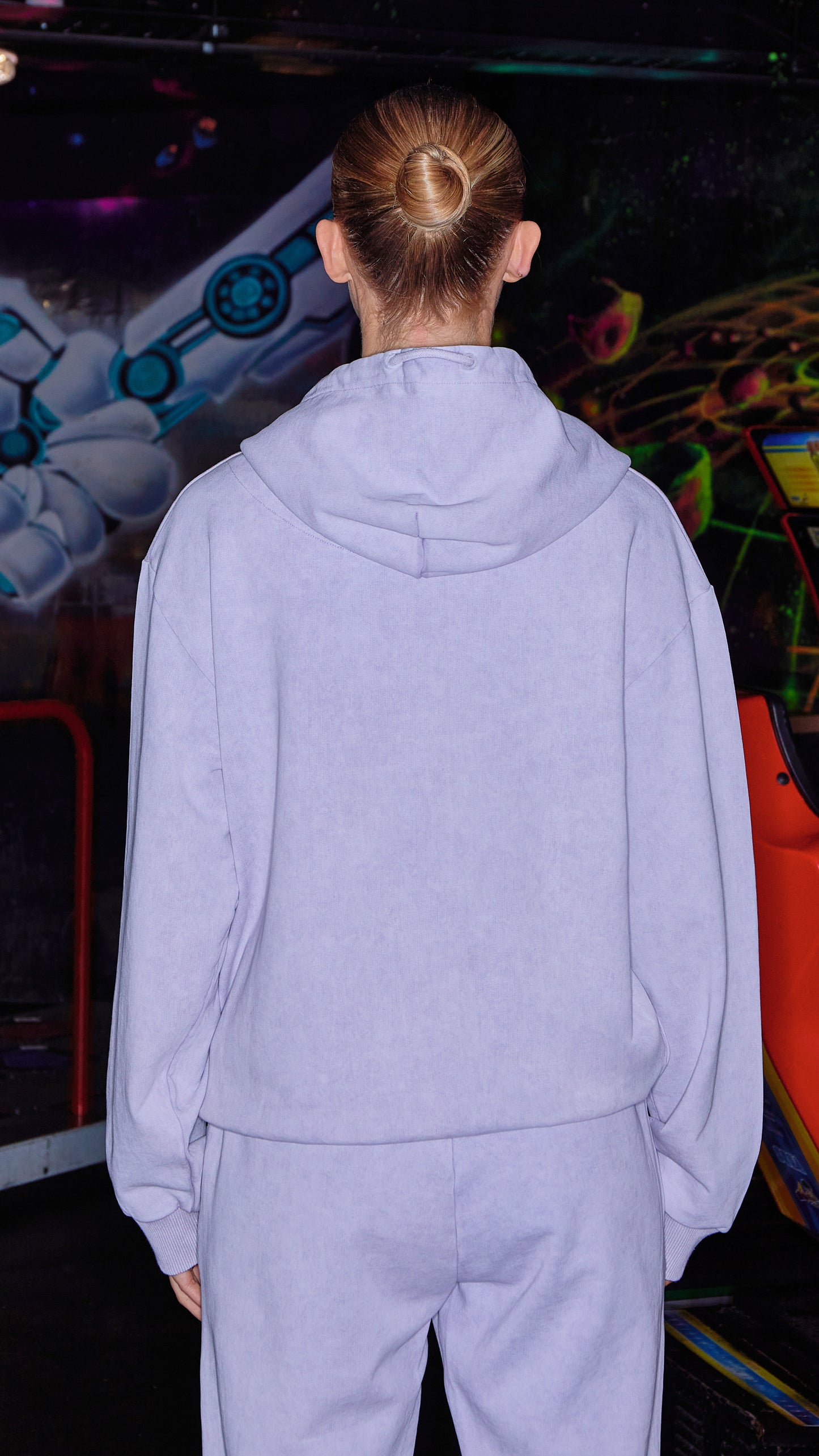 back view of luxury womens hoodie in lilac